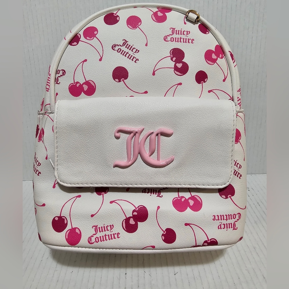 Juicy Couture Cherries On Top White Pink Faux leather BackPack NWT Chain Straps